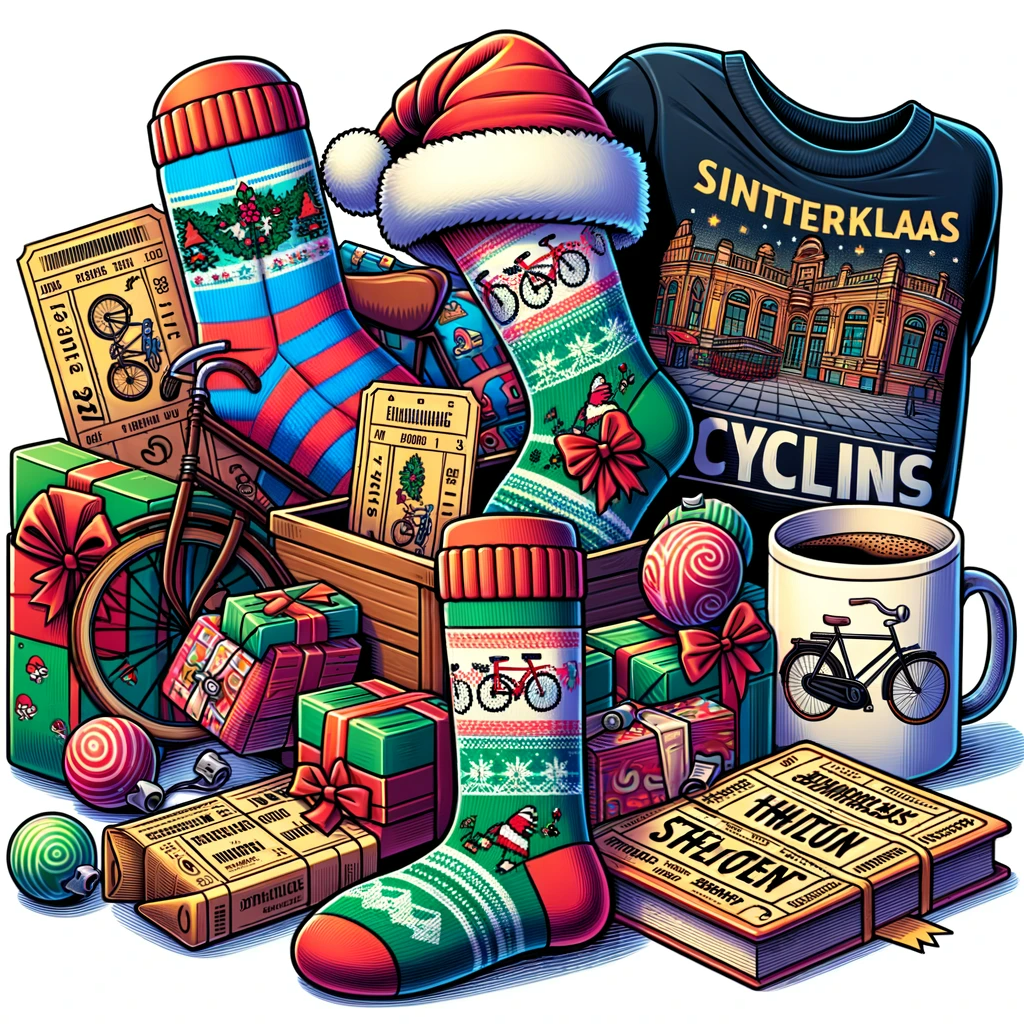 DALL·E 2023 10 26 15.30.33 Cartoon depiction of a mixed collection of Sinterklaas and Christmas presents meant for cycling enthusiasts. There are colorful socks with bike patter