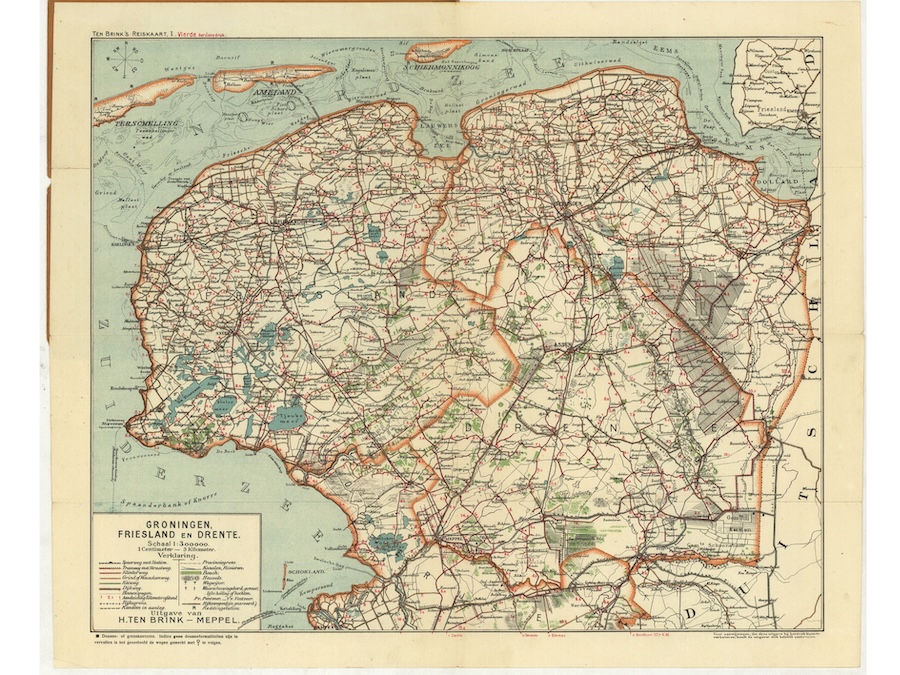 Oude kaart van Noordwest Nederland met Friesland, Groningen en Drenthe.