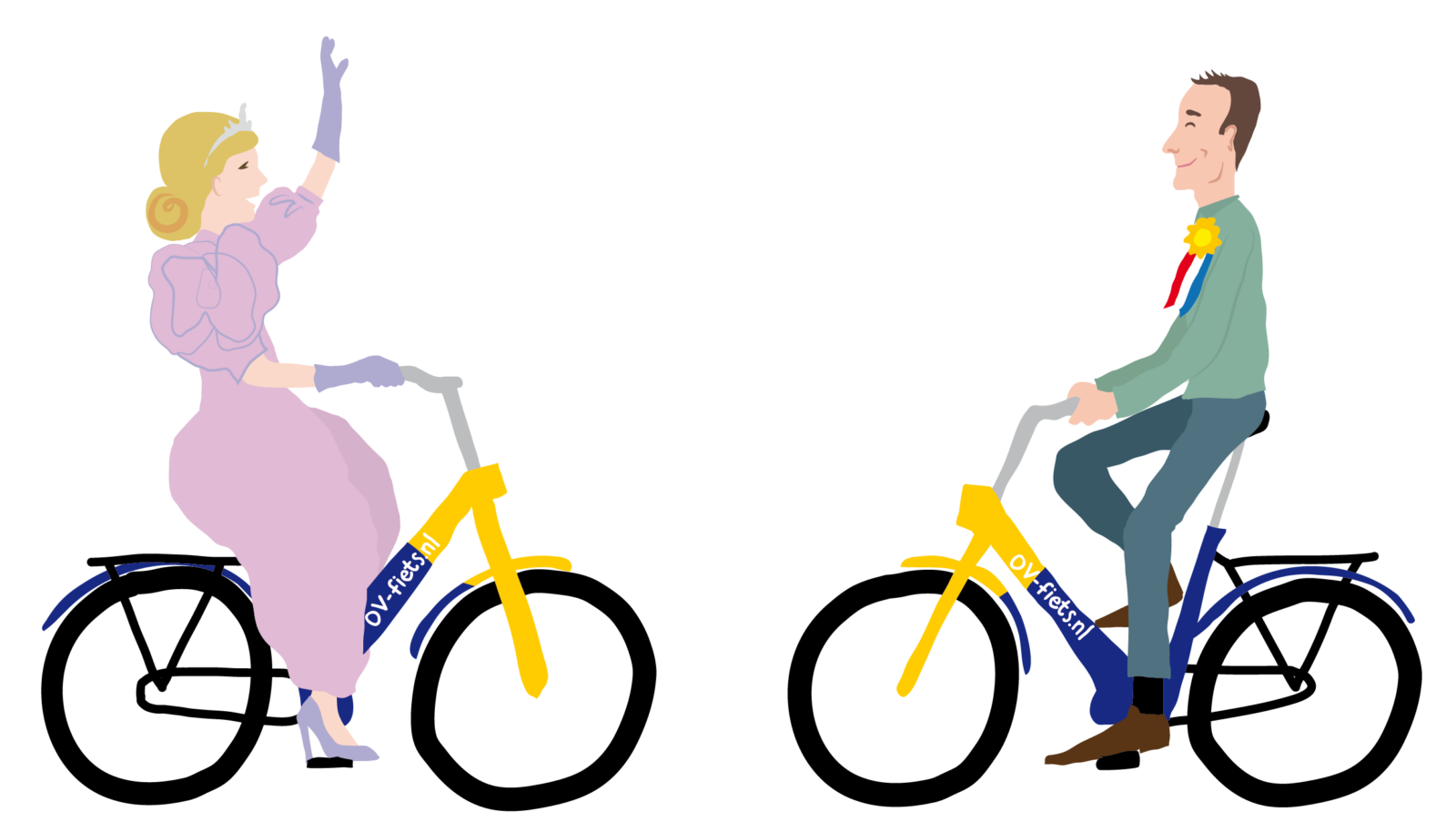 Tekening van Koningin Maxima en Ronald Haverman op ov-fiets. Illustratie: Judy Ballast.