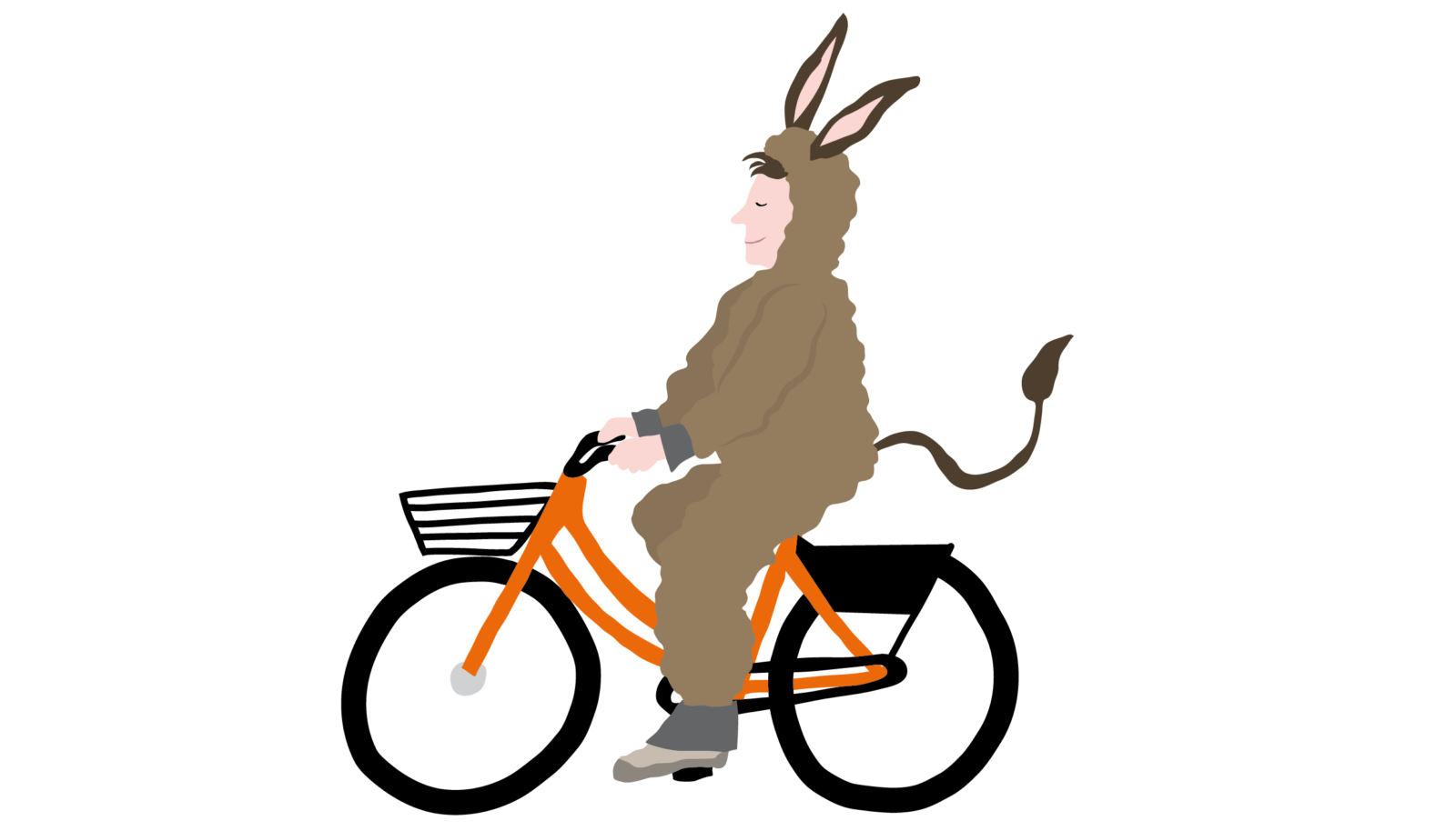 Tekening van een man in ezelspak op een deelfiets van Donkey.