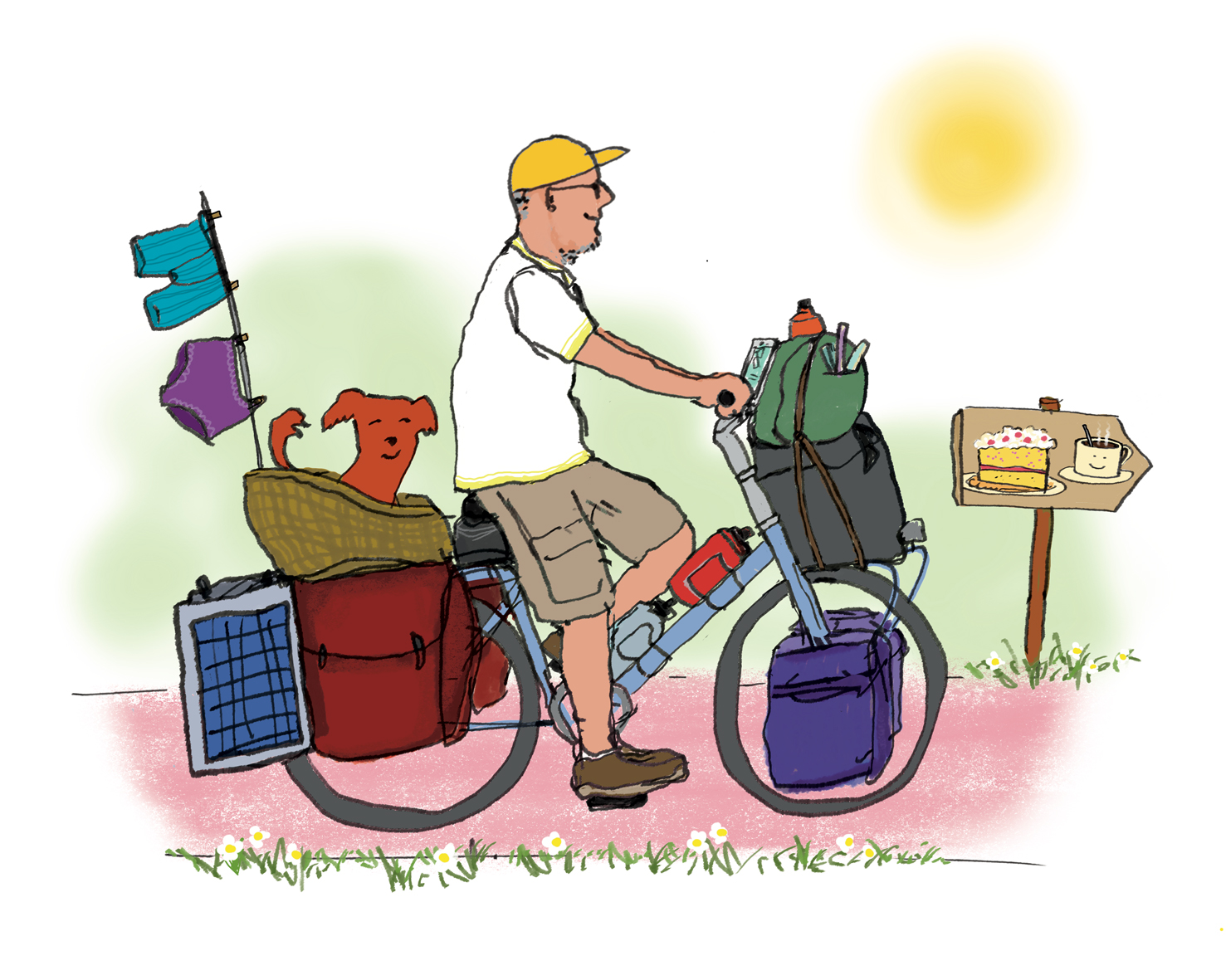 Tekening van een man op de fiets met hondje achterop en heel veel fiesttassen.